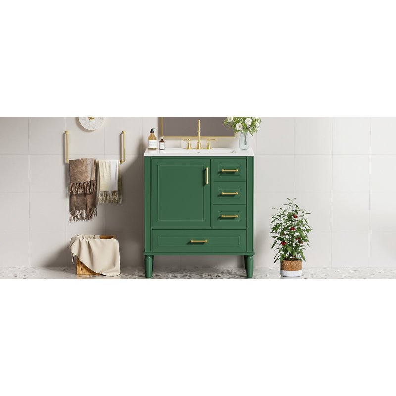 30" Bathroom Vanity with Ceramic Sink, Soft-Close Door with Built-in Shelf, Deep Drawer, Standard Drawer, Long Divider Drawer, Ample Storage Cabinet for Bathroom, Modern & Functional Design