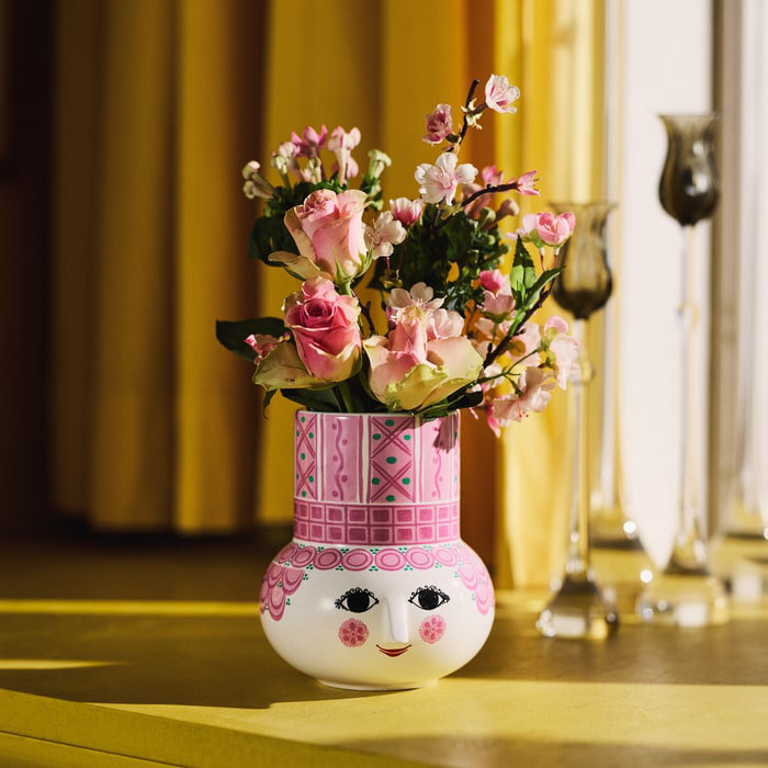 Olga Vase, Blue, H: 7.9", 5.9" H x 5.1" W x 5.1" D, Pink