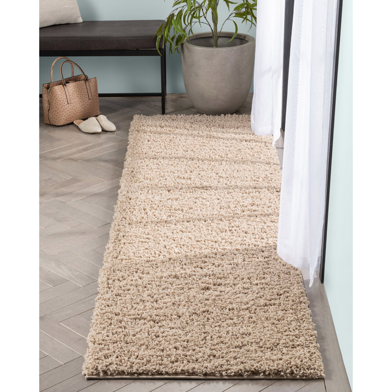 Berte Modern Solid Beige Textured Shag Rug, Runner 2'7" x 9'6"