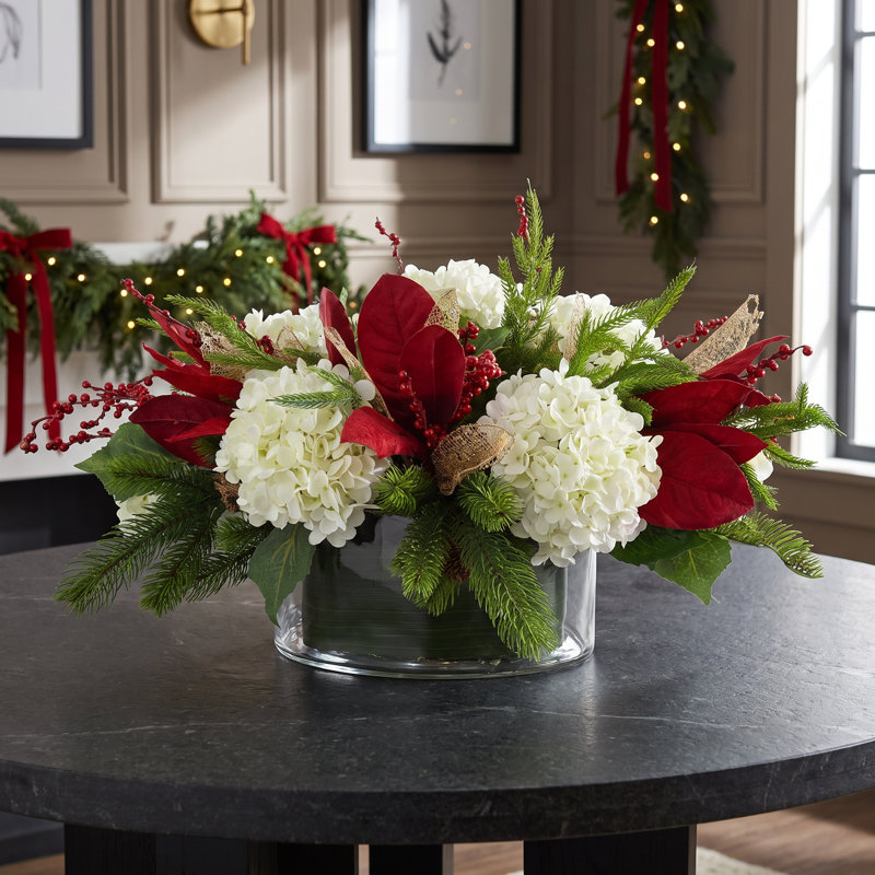 Holiday Floral Arrangement with Hydrangeas, Evergreen and Berries