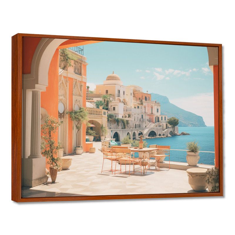 Été, ville italienne au bord de la mer Méditerranée - art mural plage, Toile avec cadre flottant brun