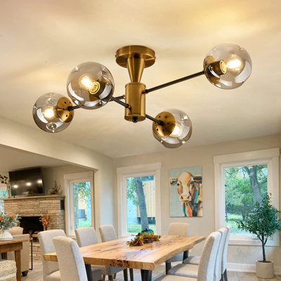Plafonnier semi-encastré Modern, lustre Mid-Century doré à 4 lumières avec globe en verre, éclairage de plafond