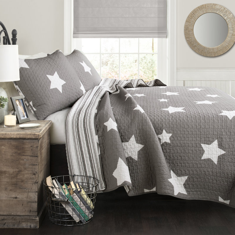 Lush Decor Star Reversible Cotton Quilt Set, Twin Quilt + 1 Sham , Gray