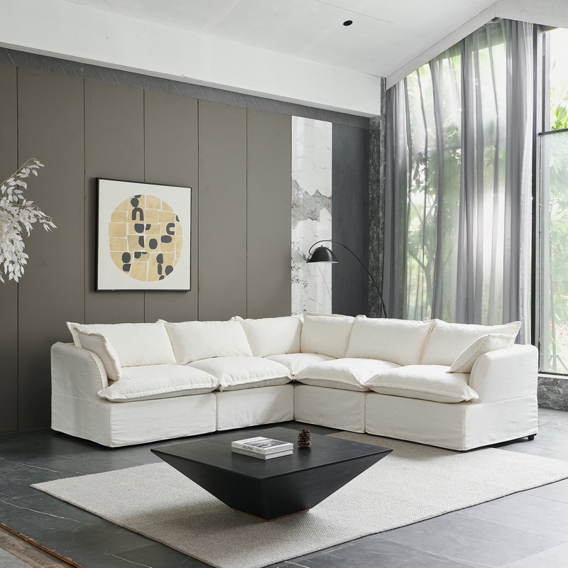 Kejon Down Feather Fluffy Modular Sofa Chaise, Modular Sectional Sofa Cloud Sofa for Living Room Bedroom, White