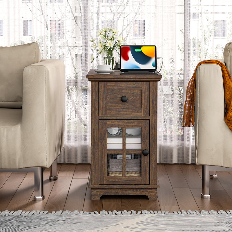 Dark Walnut Rectangular End Table Set with Storage and Charging Station