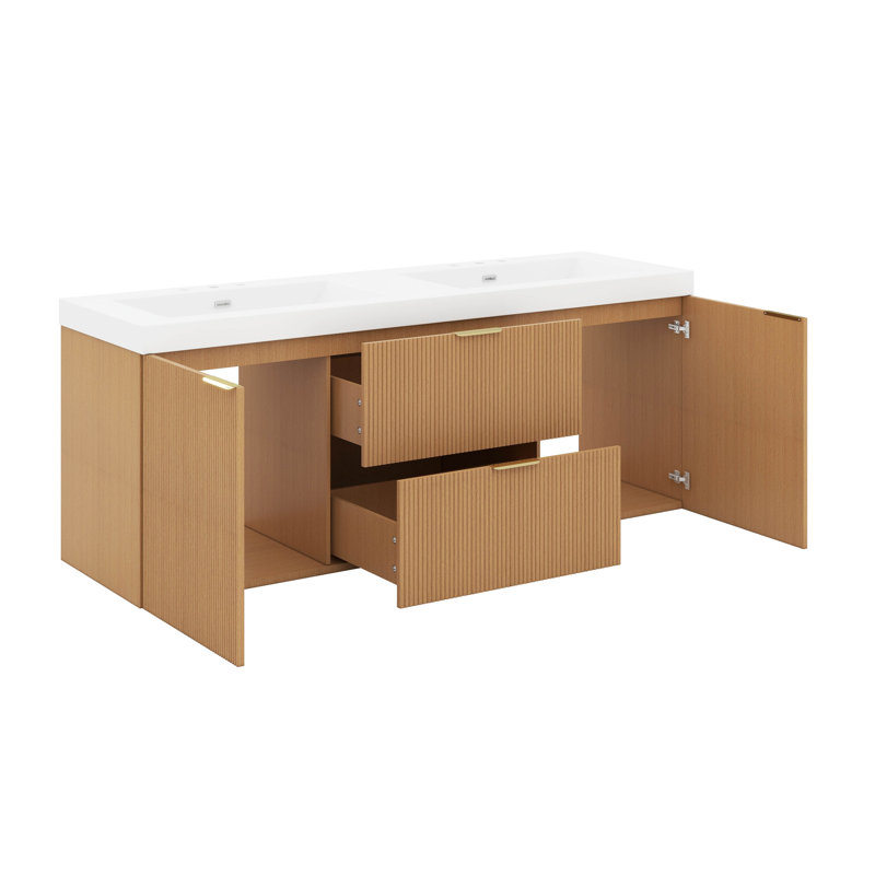 Meuble-lavabo pour salle de bain mural avec deux lavabos et beaucoup de rangement