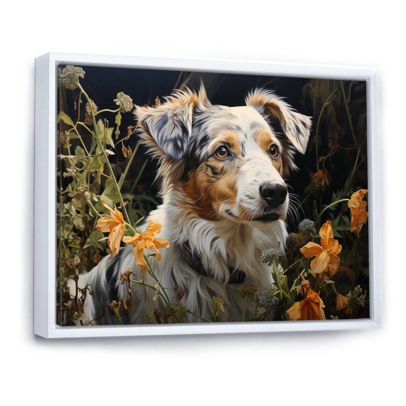 Dog Inquisitive Canine Pastoral - Imprimé, H 16 po x l 32 po x P 1 po, Cadre flottant blanc