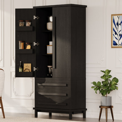 70" Kitchen Pantry Cabinet With 2 Cabinet Shelves,Luxurious Wooden Cupboard With 6 Door Shelves And 3 Drawers For Kitchen, Dining Room,Black