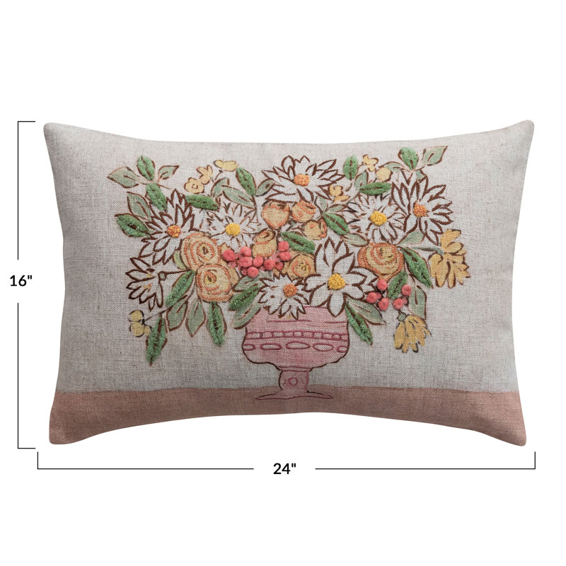 Coussin lombaire brodé en lin avec fleurs et pompons