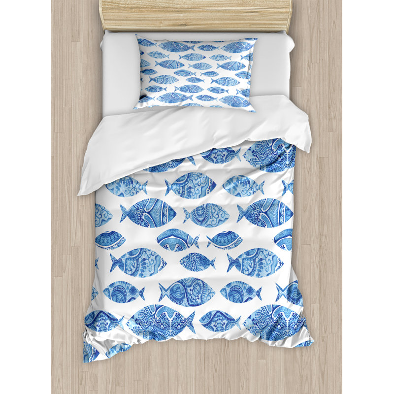 Twin Blue and White Microfiber Animal Print Duvet Set