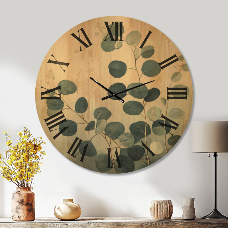 Brins d'eucalyptus côtiers I - Horloge murale ronde en bois à thème botanique, Très grand