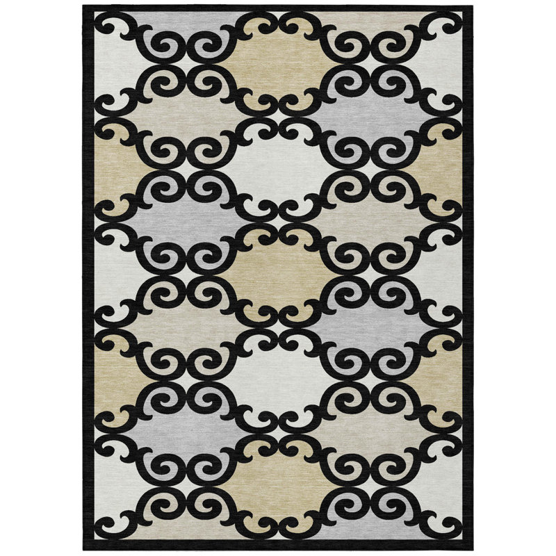 9' X 12' Black Grey And Ivory Trellis Washable Indoor Outdoor Area Rug