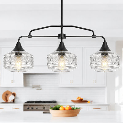 3-Light Matte Black Kitchen Island Light with Clear Patterned Glass Shades
