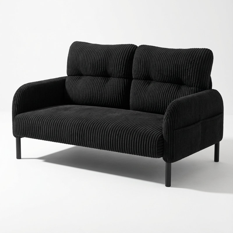Canapé double contemporain avec revêtement en velours côtelé et poches latérales, Noir