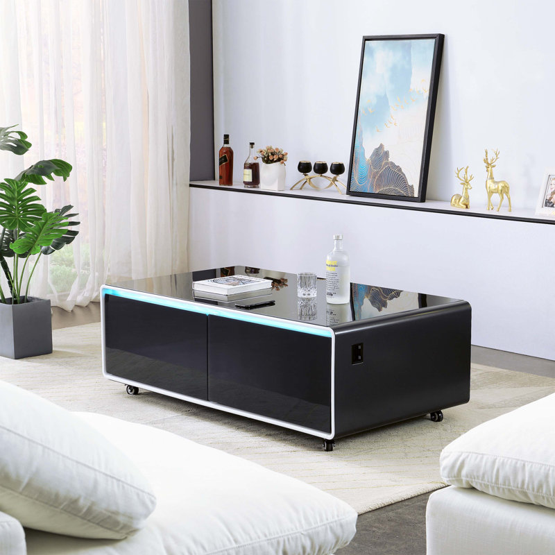 Réfrigérateur Smart Table, table basse multifonctionnelle, plateau de table et rangement arrière en verre trempé