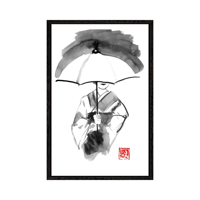 Geisha And White Umbrella by Péchane - Painting on Canvas, 101.6 cm H x 66.04 cm W, Black Framed