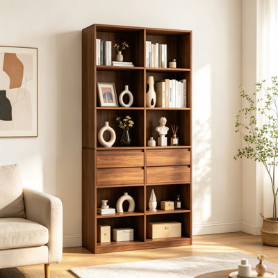 Bibliothèque haute autoportante à niches ouvertes avec 4 tiroirs de rangement, meuble de rangement moderne pour salon, chambre à coucher, bureau