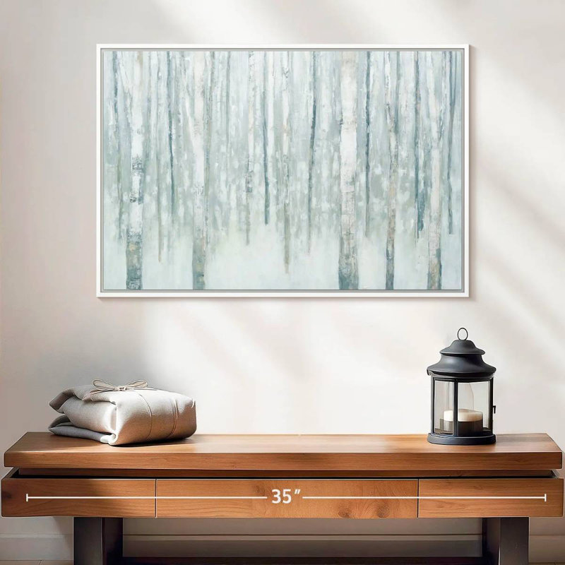Bouleaux en bleu-gris d'hiver, 25 po x 17 po, Cadre flottant blanc