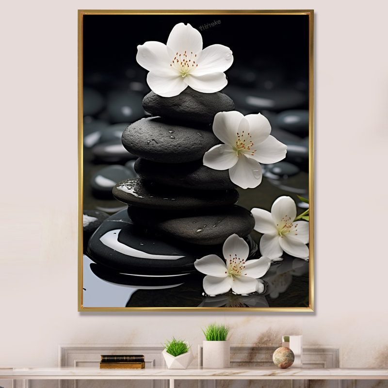Zen Zen Serenity fleurs blanches pierre noire Cairn - impressions spirituelles sur pierre, H 20 po x l 12 po, Doré