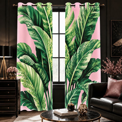 2Pcs Tropical Leaves Print Sun Blocking Curtains, Botanical Style, Natural Greenery Patterned Art, Modern Elegant Grommet Top for Living Room Bedroom Decoration for Home Dector