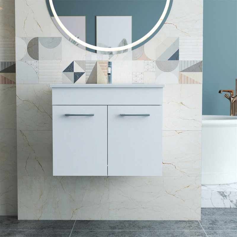 Meuble-lavabo mural 24 po avec lavabo, meuble-lavabo mural avec portes doubles, armoire de salle de bain murale, charnières à fermeture douce, longues poignées en métal, lavabo en céramique