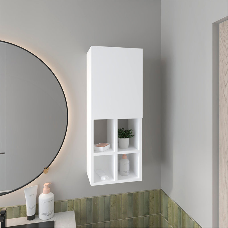 Armoire de salle de bain murale avec porte et 4 tablettes ouvertes, finition.