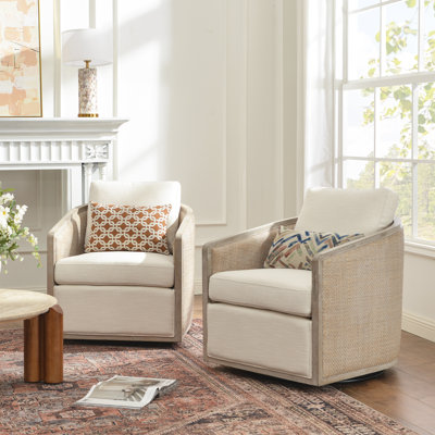 Linen Blend Solid Wood Cane Swivel Chair Set Of 2