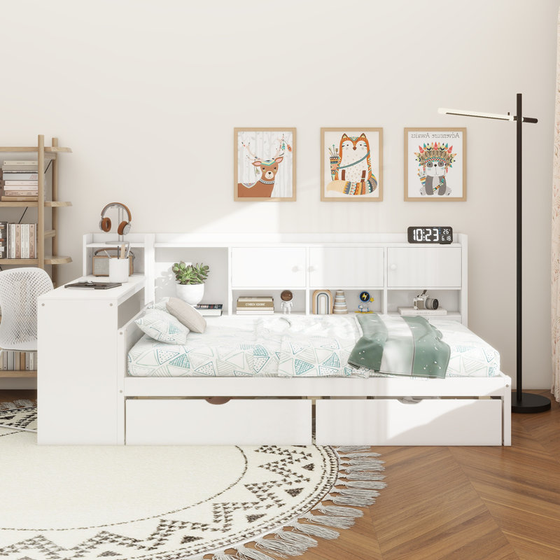 Wooden L-Shape Daybed With Seven Storage Cabinets And Two Storage Drawers, Multi-Functional Bed With Study Desk And Built-In Bookshelf