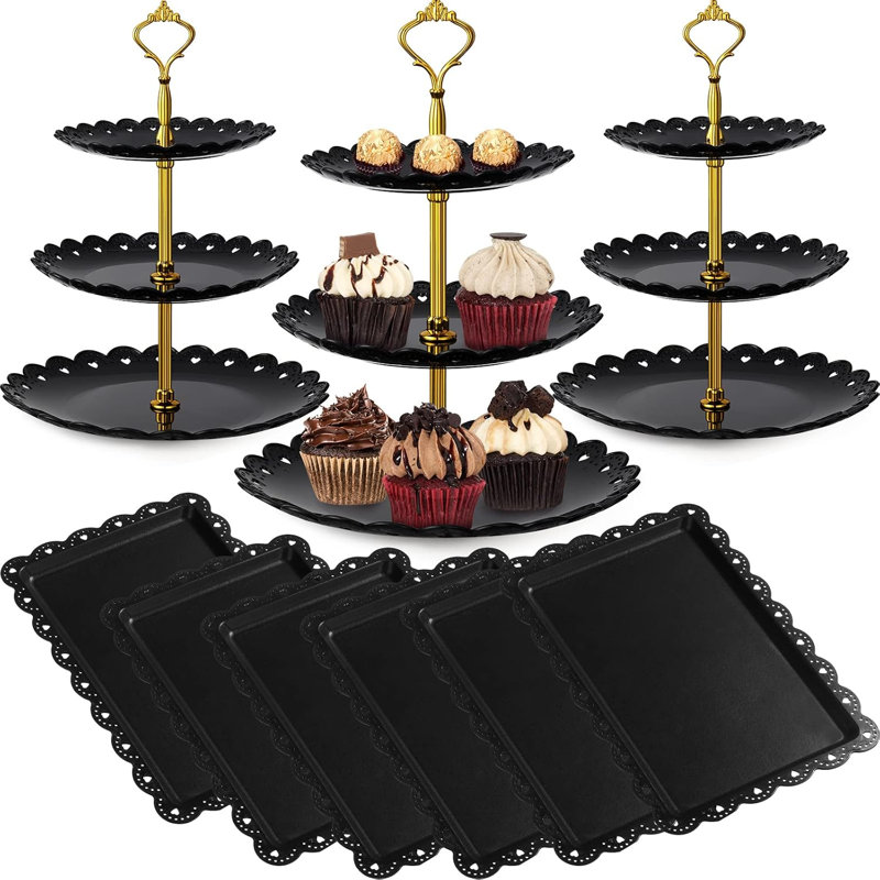 9 Pcs Black Cake Stand Set, Crown Style Dessert Table Display Kit with 6 Rectangle Cupcake Stands and 3 Round 3-Tier Serving Trays for Wedding Birthday Party