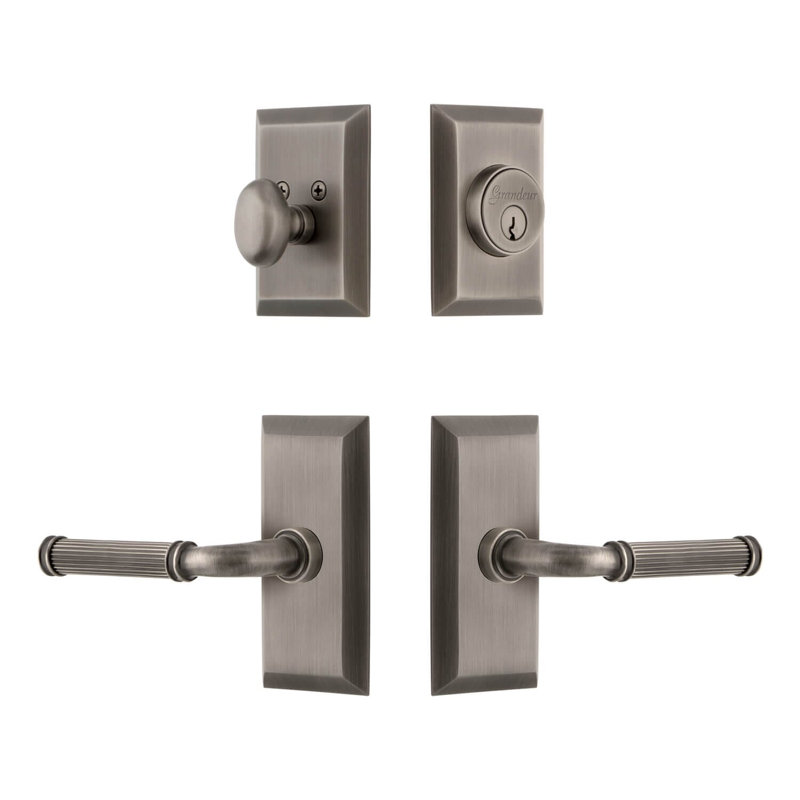 Ensemble d'entrée complet à plaque courte Fifth Avenue avec pêne dormant cylindrique simple et levier Soleil, 2.75", Droitier