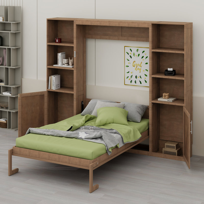 Lit escamotable en bois avec tablettes et armoires de rangement