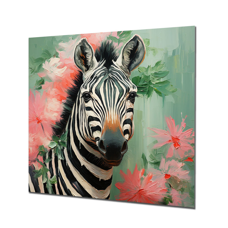 Rose et vert floral zèbre V - art mural animal zèbre en métal, H 16 po x l 16 po x P 1 po