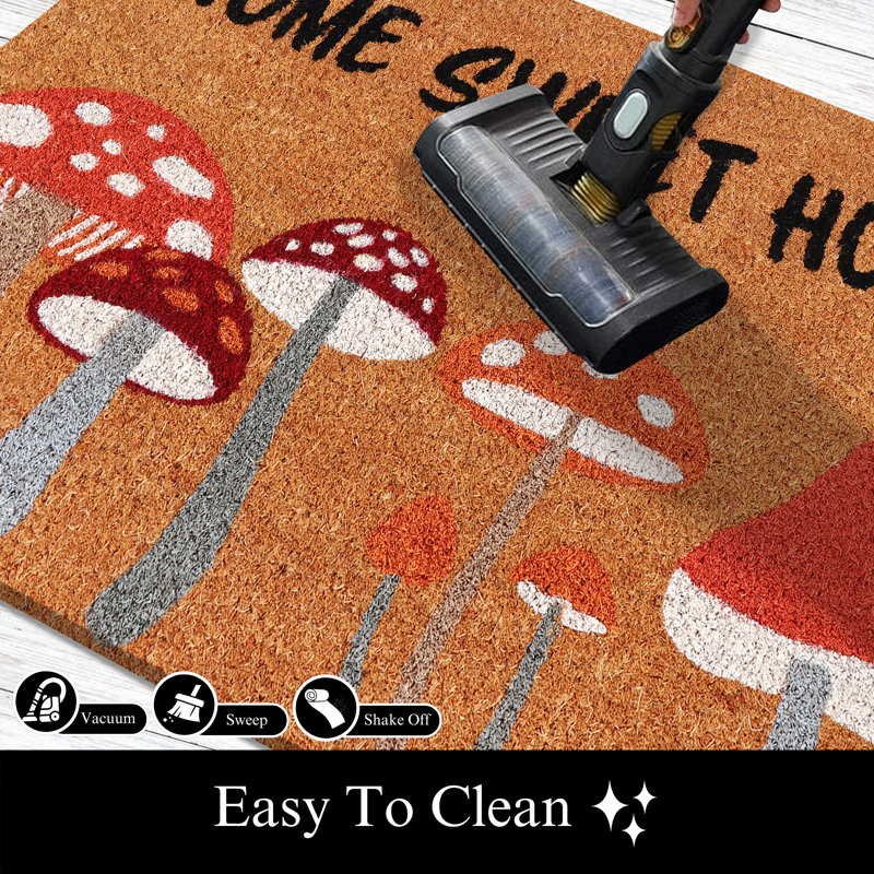 Natural Coco Coir Door Mat with PVC Backing, "Home Sweet Home Mushroom", 18"x30", Heavy-Duty Non-Slip Indoor/Outdoor