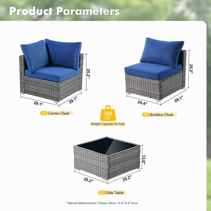 Ensemble de patio modulaire en osier toutes saisons pour 12 personnes avec coussins, Marine