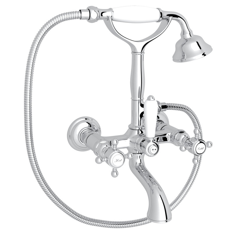 Country Exposed Wall Mount Tub Filler, Polished Chrome, Metal Cross Handle