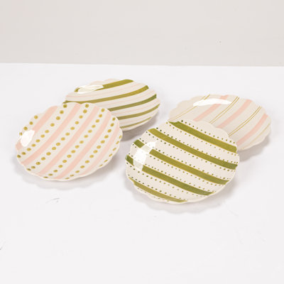 Round Hand-Painted Stoneware Dishes With Striped Pattern