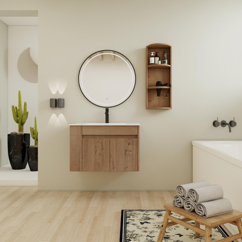 Meuble-lavabo mural avec lavabo et support de rangement, portes à fermeture douce