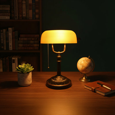 Matte Orange Vintage Banker's Lamp With Amber Glass Shade, Bronze Base, Zipper Switch, And E26 Socket.  Suitable For Offices And Study Rooms.