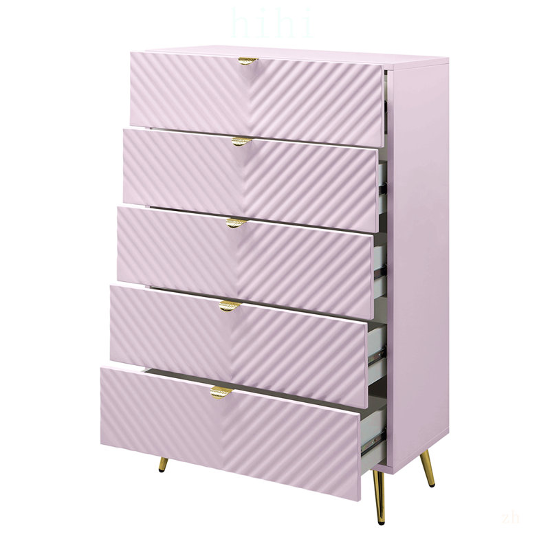 Commode à finition brillante rose Gaines avec 5 tiroirs spacieux et motif à vagues élégant pour les chambres à coucher modernes