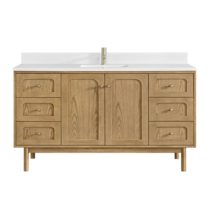 Laurent 60'' W Single Vanity, Single Hole, White Zeus, Light Natural Oak