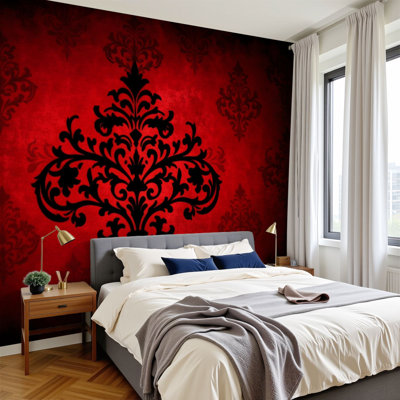 Vintage Damask Peel and Stick Wallpaper Elegant Black Damask Deep Red Vintage Wall Murals 100"H x 144"W Removable PVC Wall Paper Self-Adhesive Wall Decor for Bedroom Living Room Home Office