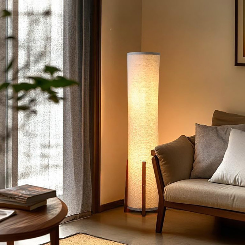 48" Tall Led Floor Lamp With Wood Frame, Fabric Floor Lamp Modern Design For Bedroom, Decorative Tower Shade Lamp For Living Rooms & Offices