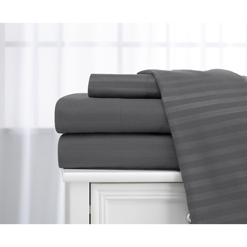 100% Cotton Sateen Striped Sheet Set, Queen Sheet Set + 2 Pillowcases, Silver
