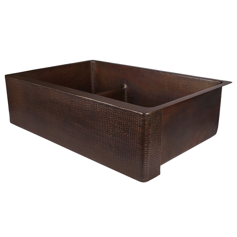 33" Hammered Copper Apron Front 30/70 Double Basin Kitchen Sink with Short 5" Divider