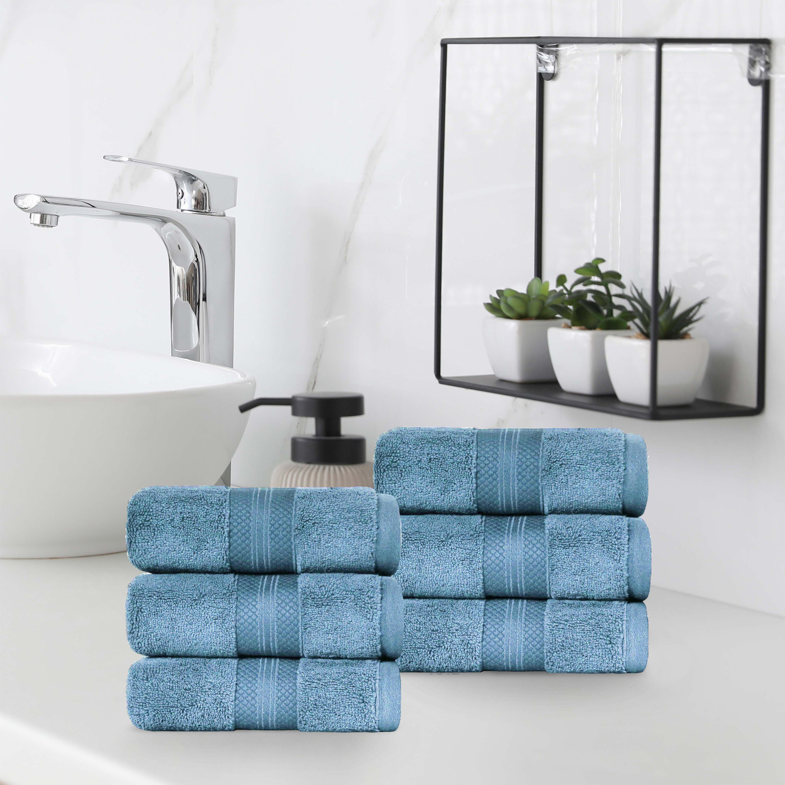 Finnian Ultra-Plush Heavyweight, 100% Turkish Towel Collection, Denim Blue, Hand Towels - 6 Pack