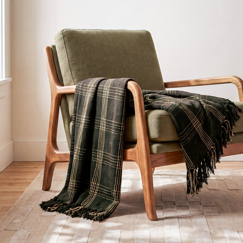 Eunice Soft Woven Reclaimed Cotton Blend Throw with Fringe, Black and Tan Plaid