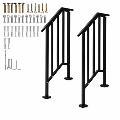 2-Pack Outdoor Stair Handrails, Black Steel Railing Kit - Heavy-Duty Porch & Deck Safety Hand Rail - Fits 2 Steps