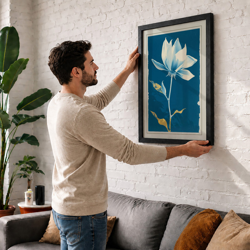 White Lotus Bloom Botanical - Framed Print, Walnut, A4 - 29.7 x 21.0 cm