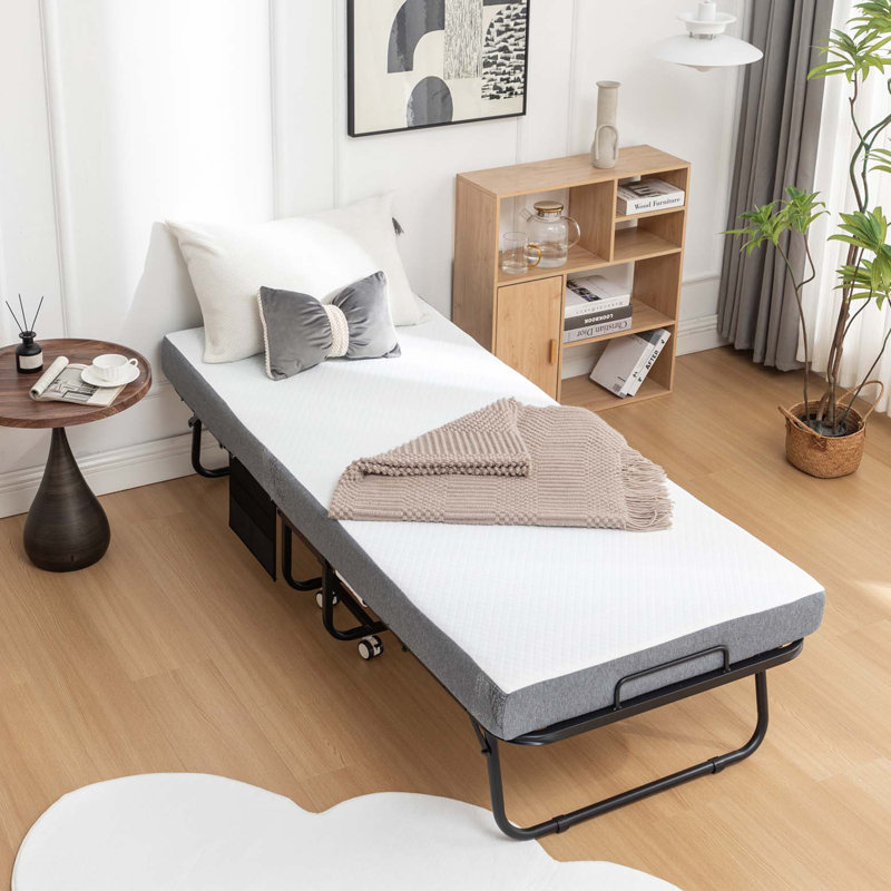 Folding Bed Cot with Mattress for Adults, 75x31 Inches Foldable Metal Frame Bed for Guest with Memory Foam Mattress on Wheels, Saving Space Rollaway Bed