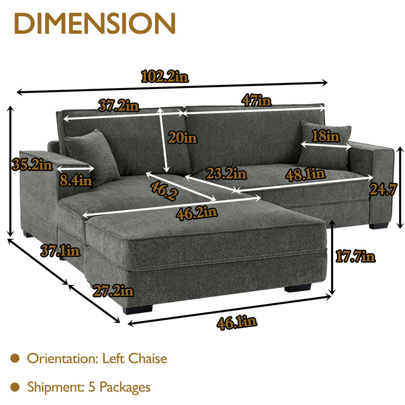 102" Upholstered Deep Seat Chaise Sofa With Ottoman, Left Hand Facing, Dark Gray Polyester